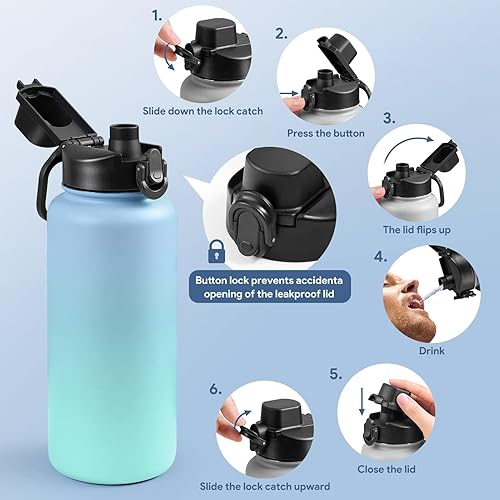 Miniatura 3 de Water Bottle Lid Replacement for Wide Mouth with D-ring shape locking carabiner, Auto Spout and Button Lock, Compatible with Hydro Flask, Bubba,