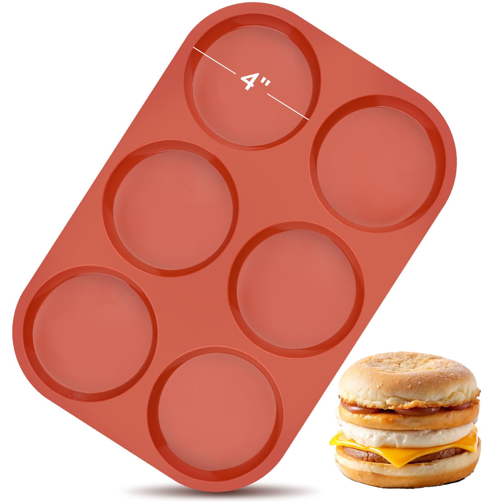 JOERSH Silicone Egg Mold for Breakfast Sandwiches 4" Jumbo Size Muffin Top Pan, Non-Stick Round Silicone Molds for Baking Hamburger Bun, Eggs and More