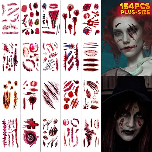 154 PCS Halloween Scar Temporary Tattoos – Horror Zombie Makeup Realistic Fake Bloody Wound Stitch Vampire Bite Waterproof Tattoo Stickers for Women Men Adult Kid Cosplay Party Masquerade Prank Prop