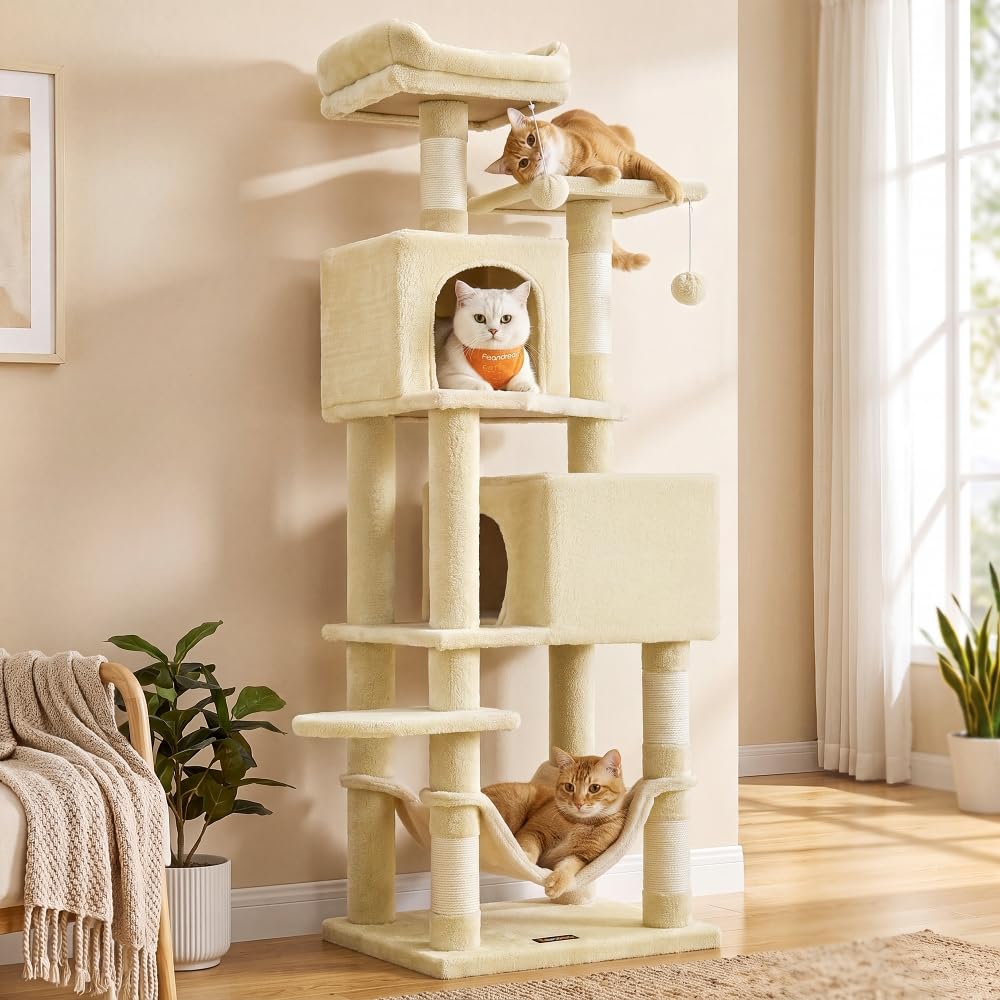 Feandrea Cat Tree, 59.5-Inch Tall Cat Tower, Multi-Level Condo, Beige