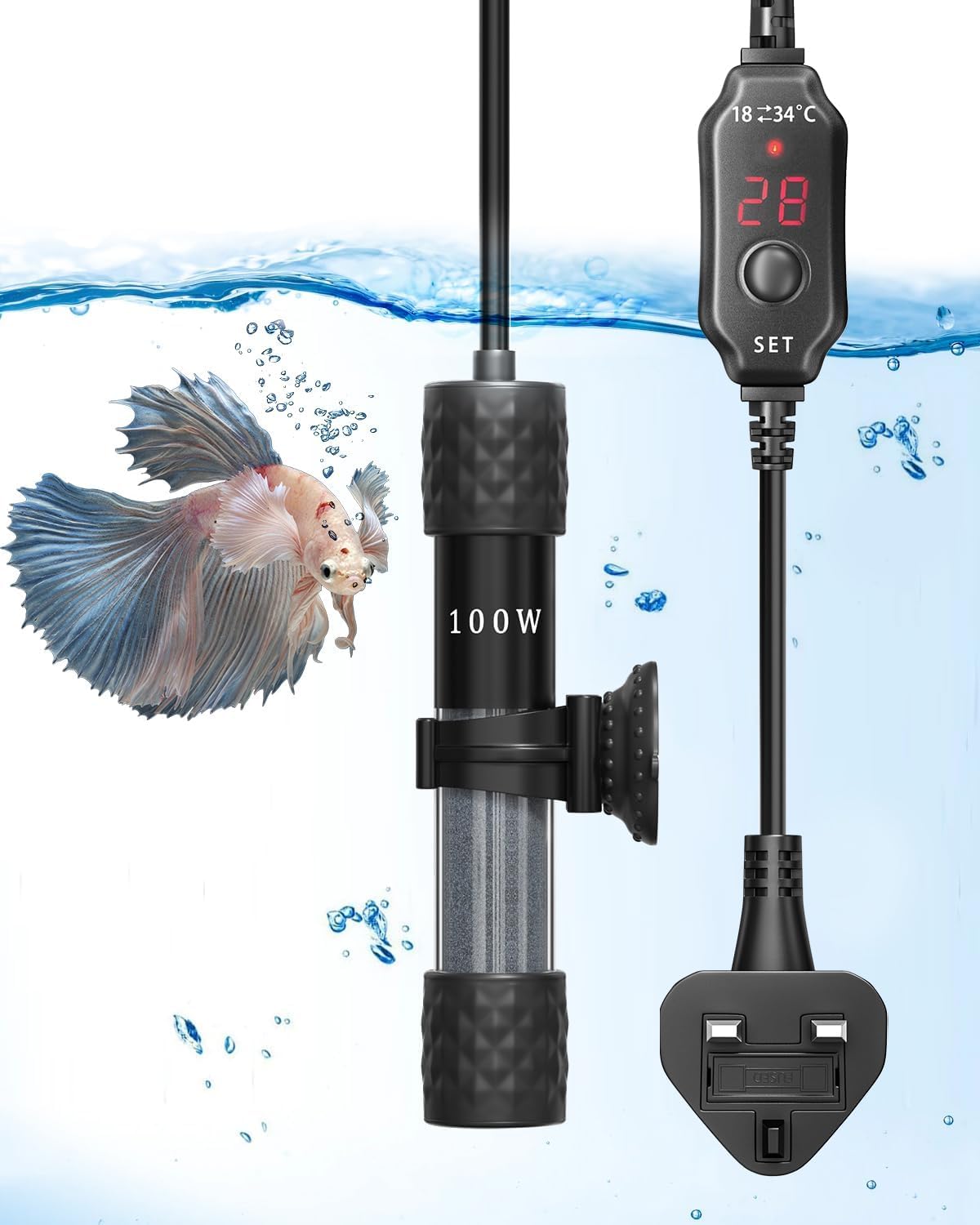 Bonluz 100W Mini Submersible Digital Aquarium Heater With Thermometer, External Temperature Controller for 50-70Liter Turtle Tank, Betta Fish, Frogs, Newts
