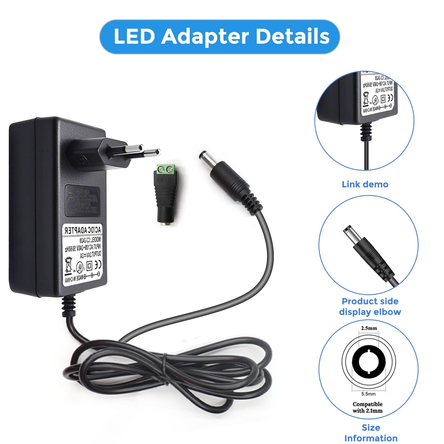 Arotelicht Zasilacz sieciowy LED 24 V 2 A AC 100-240 V transformator 48 W adapter 5,5 x 2,1/2,5 mm - prąd stały, bez migotania i ochrona bezpieczeństwa (bez ładowarki), wtyczka EU