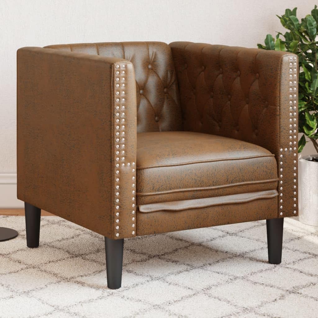 Chesterfield fotel brązowy sztuczna skóra o wyglądzie zamszu, 71 x 74,5 x 70,5 cm, mikrofibra, grubo wyściełany, do salonu, biura, kącik do czytania