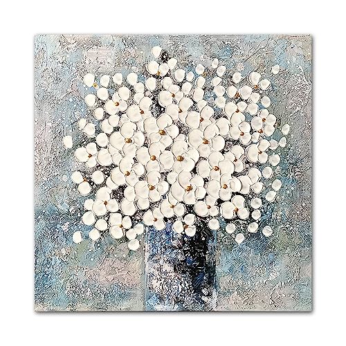 Waowumar Flowers Canvas Wall Art Blue and White Blossom Pictures Contemporary Palette Knife Floral Textured Painting for Bedroom Living Room Decor