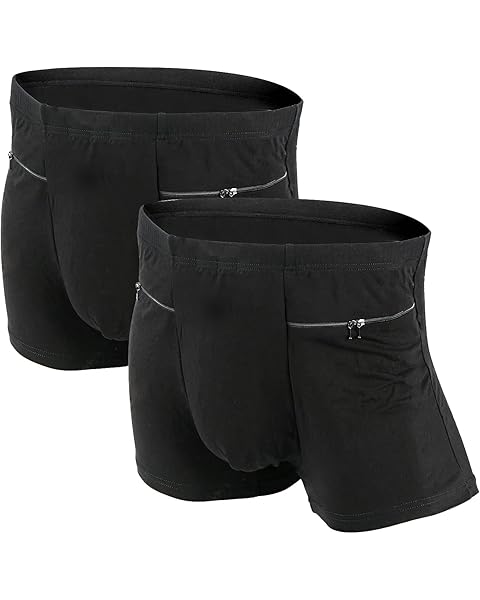 LUEXBOX Pocket Underwear for Men with Secret Hidden Pocket, Travel Boxer Briefs, 2 Packs (Black)