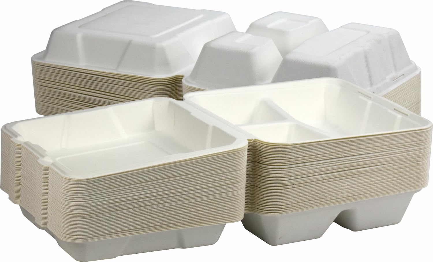 Catergold White 100 Hinged Clamshell Takeaway Containers Bagasse Sugarcane Boxes (3Cp 9 X 9 (23Cm))
