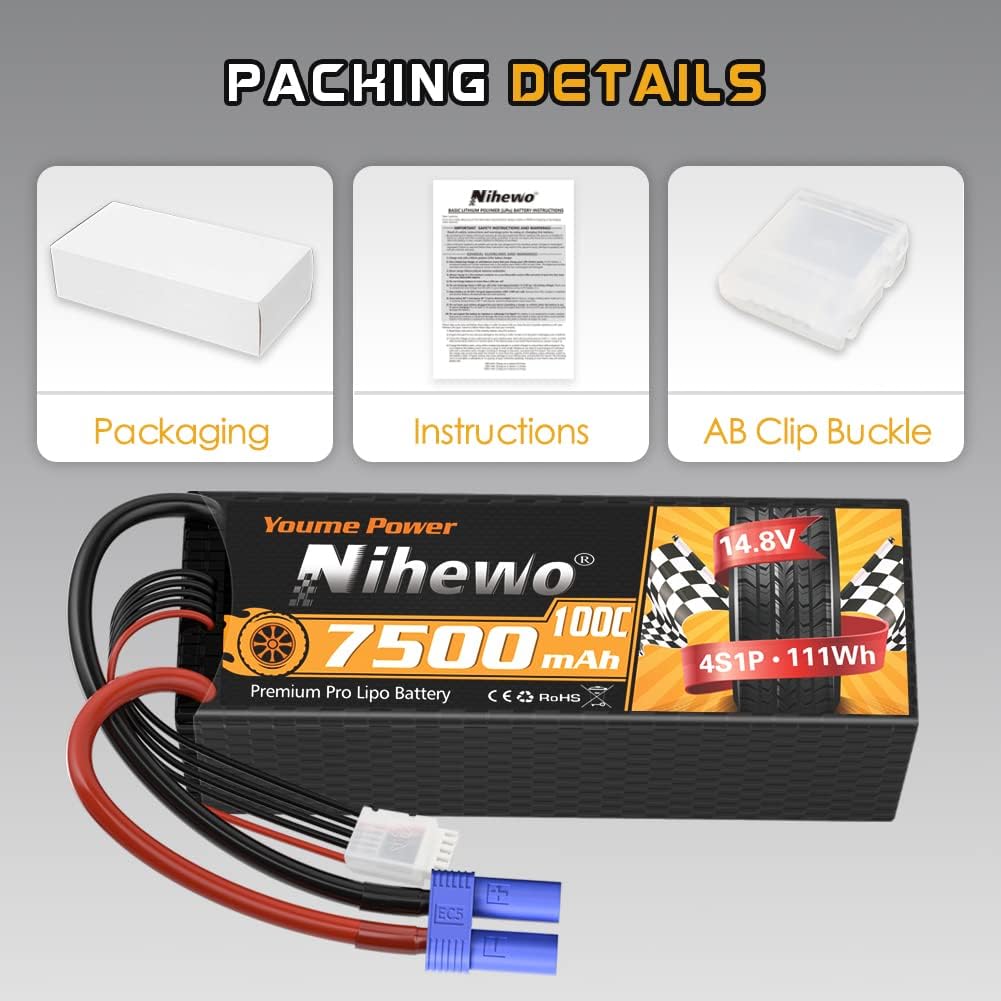 2Packs 4S Lipo Battery, 14.8V 7500mAh Lipo Batteries Hardcase 100C EC5 Plug Compatible with Arrma E-flite 1/5 1/6 1/7 1/8 Scale RC Car Truck Truggy Vehicles Tank Boat Airplane Models