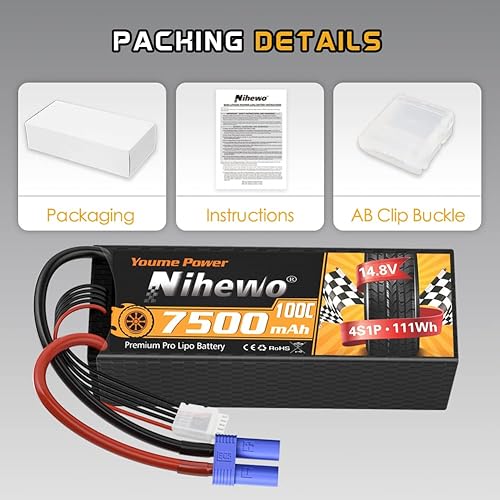 Miniatura 6 de Paquete de 2 baterías Lipo 4S, 14.8 V 7500 mAh Lipo Baterías Hardcase 100C EC5 Plug Compatible con Arrma E-flite 1/5 1/6 1/7 1/8 Escala RC Coche