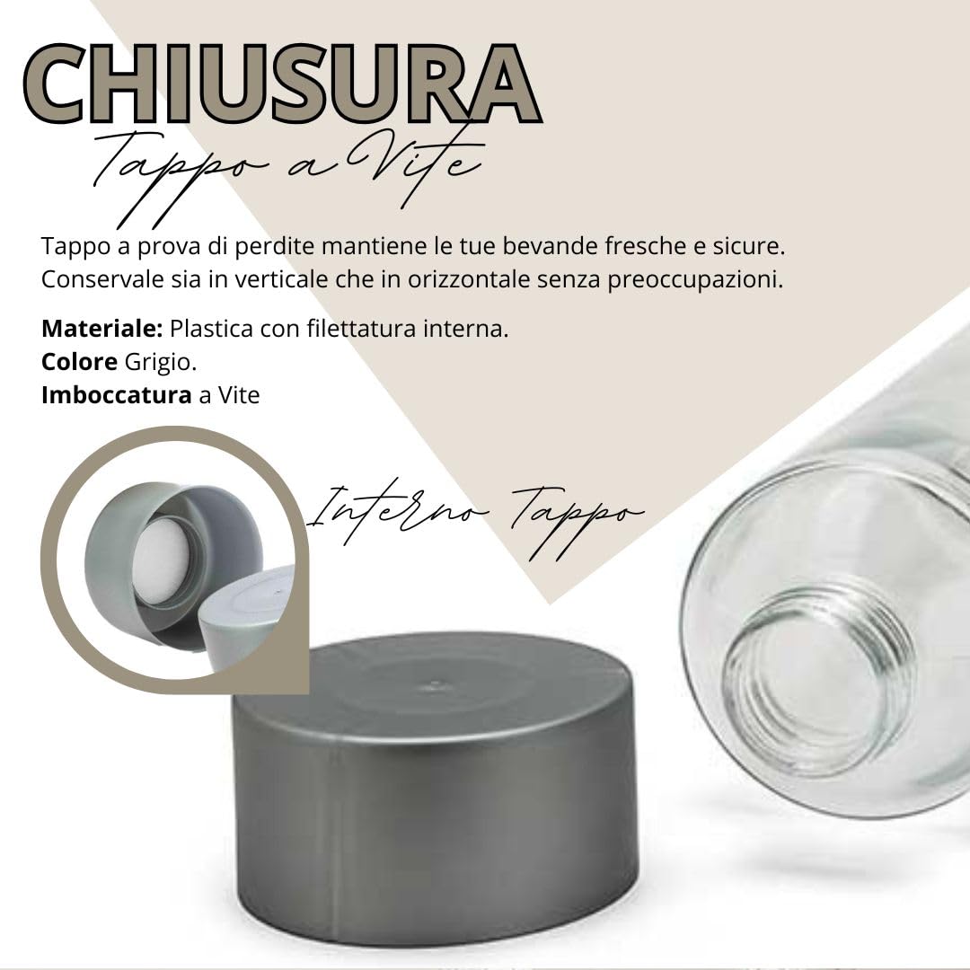 Lot de 6 bouteilles en verre modèle cylindre, 1 litre, bouchon à vis couleur argent | bouteille verre eau boissons jus
