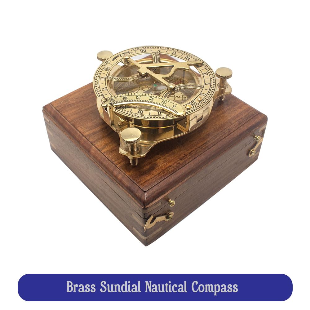Bussola Sundial in ottone con scatola di legno, design antico, strumento nautico