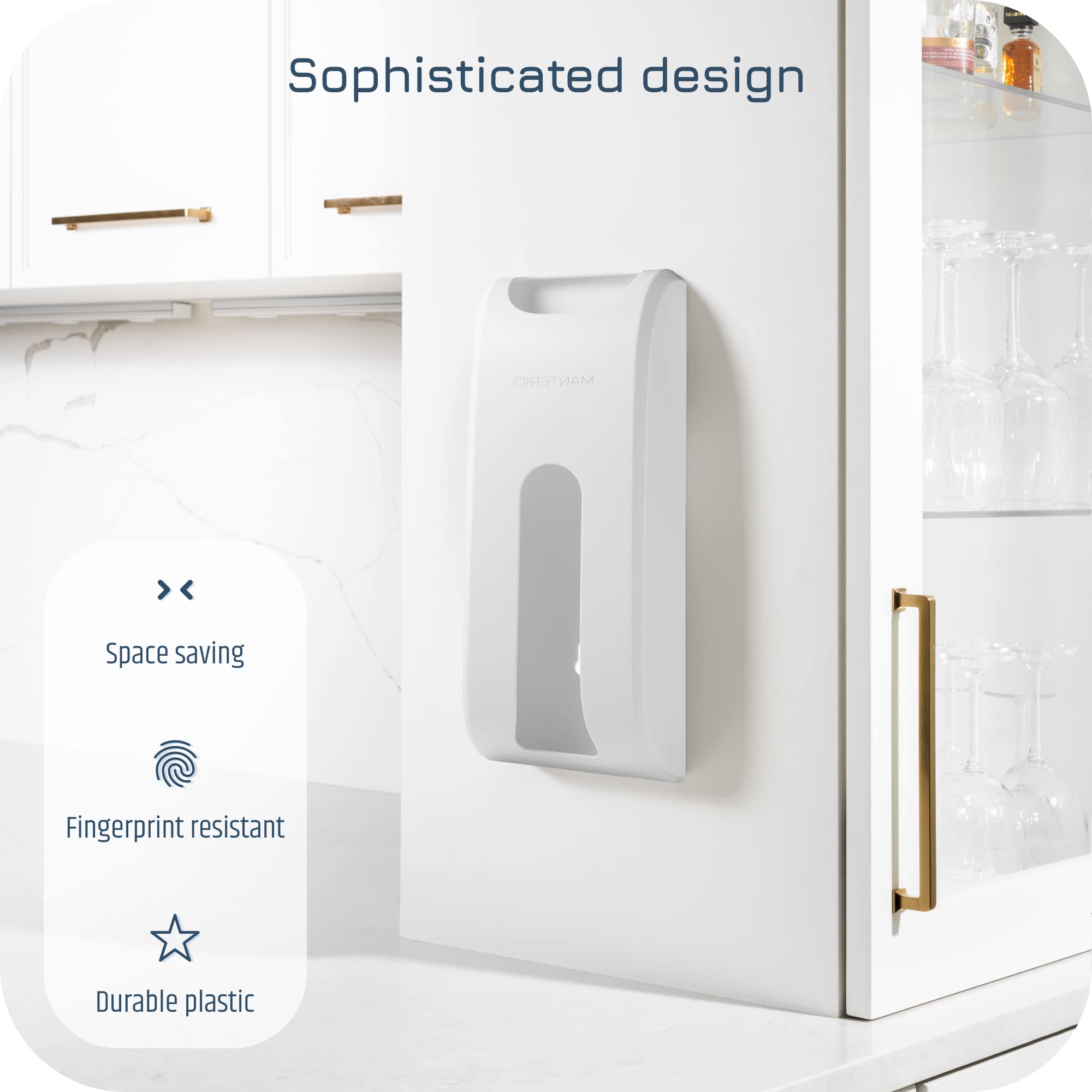Manterio Soporte para bolsas de plástico, dispensador de bolsas de comestibles de montaje en pared mejorado, diseño que ahorra espacio, fácil de instalar, a prueba de manchas, resistente a las huellas
