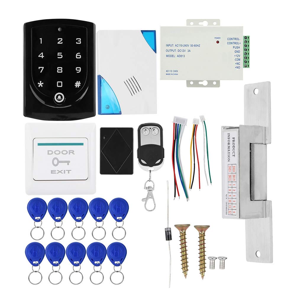 Access Control System, 125kHz Door Access Control System with 10pcs Key Electric Strike Lock, DC12V/3A Power Supply Security Systems for Home, Office.