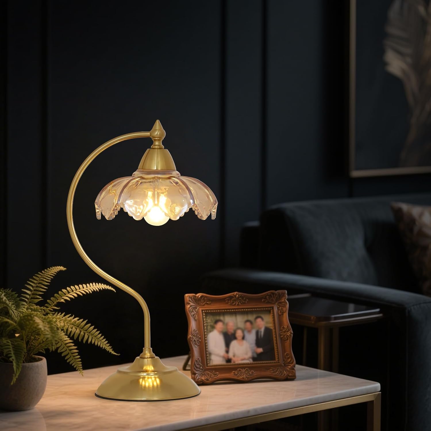 Table Lamps for Living Room, Flower Desk Lamp, Glass Beside Lamp for Nightstand, Gooseneck Small Table Lamp, Mid Century Modern Desk Light, Table Light for Bedroom Home Office Reading (Amber)