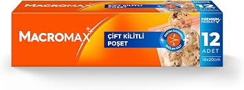 Macro Max Çift Kilitli Poşet 12 Adet (18x20 cm), Sızdırmaz Hava Geçirmez Buzdolabı Poşeti