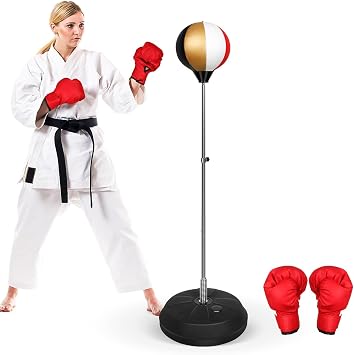 Speed Ball Stand Punching Bag with Gloves, Fitness Reflex Bag, Boxing Bag for Adults, Great for MMA TrainingRed Gold