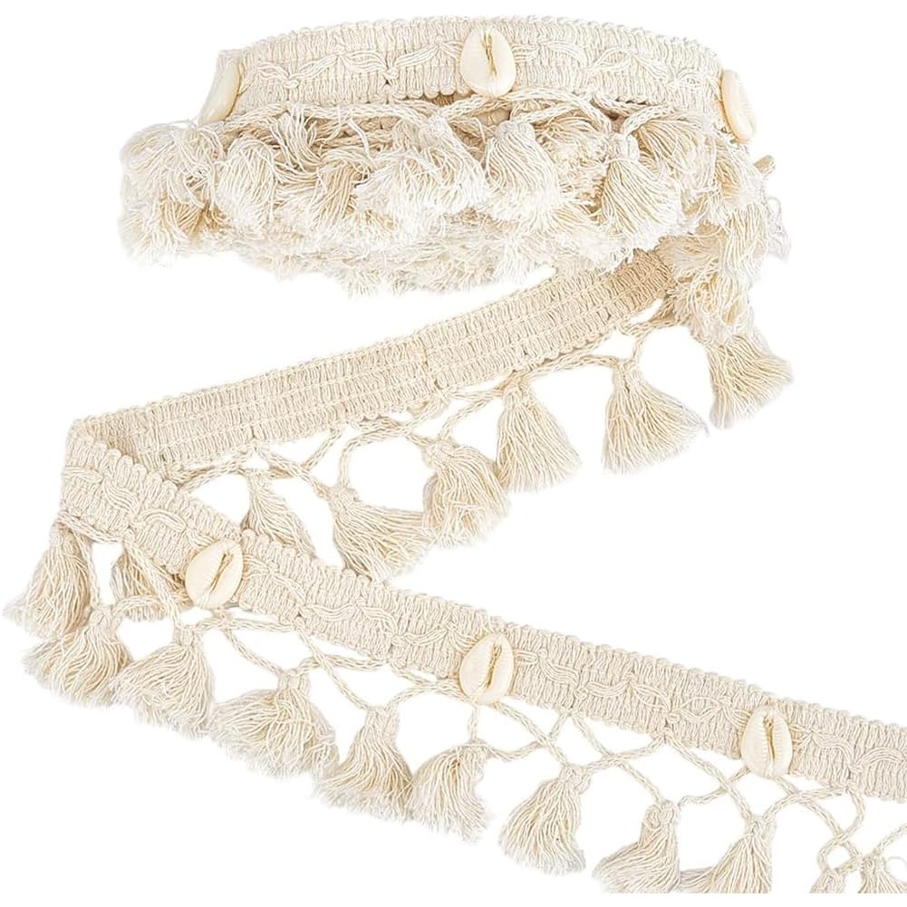 PH PandaHall Nastro In Pizzo Con Asole E Frange - 18,4m + 100 Bottoni Per Abiti Da Sposa E Fai Da Tè