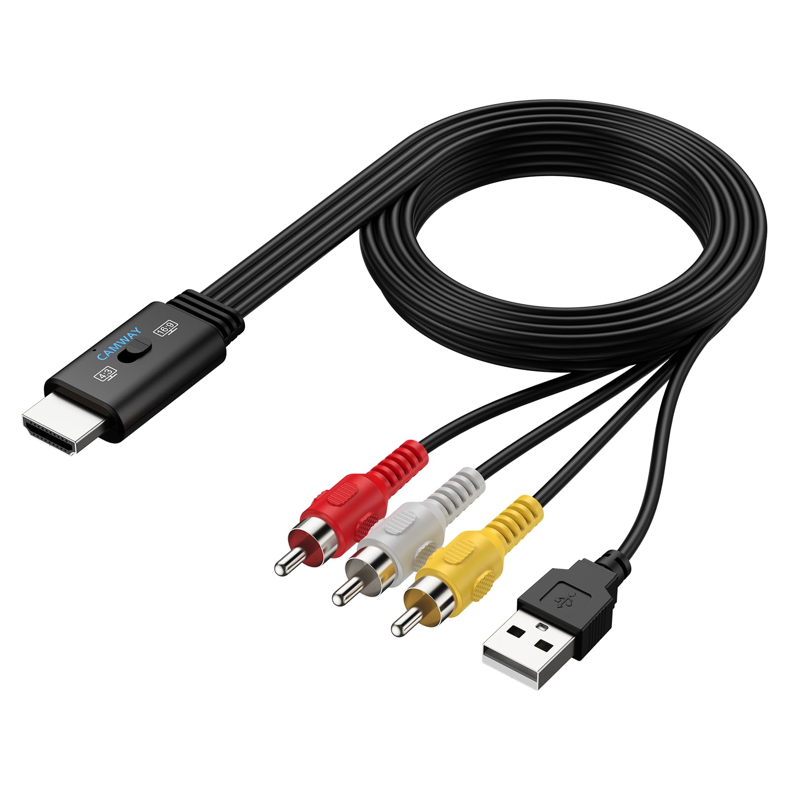 CAMWAY 1080P Konwerter RCA na HDMI, kabel męski 1,5 m - bezstratna transmisja, przełącznik 16:9/4:3, adapter Pro AV do HDMI dla magnetowidów/VHS/odtwarzaczy DVD, mini kompozytowy adapter audio-wideo
