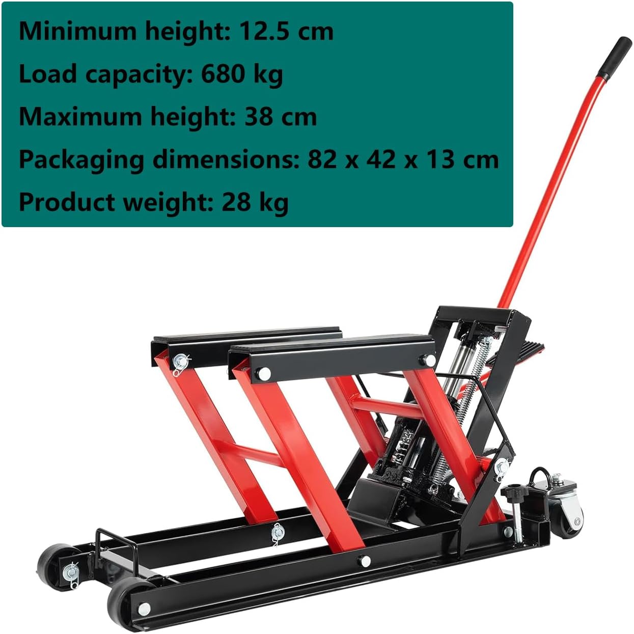 680KG Heavy-Duty Hydraulic Motorcycle Lift Jack, Scissor Jack, 12.5–38cm Adjustable Height Rolling Paddock Stand with Foot Pedal & 4 Wheels for Workshop Maintenance