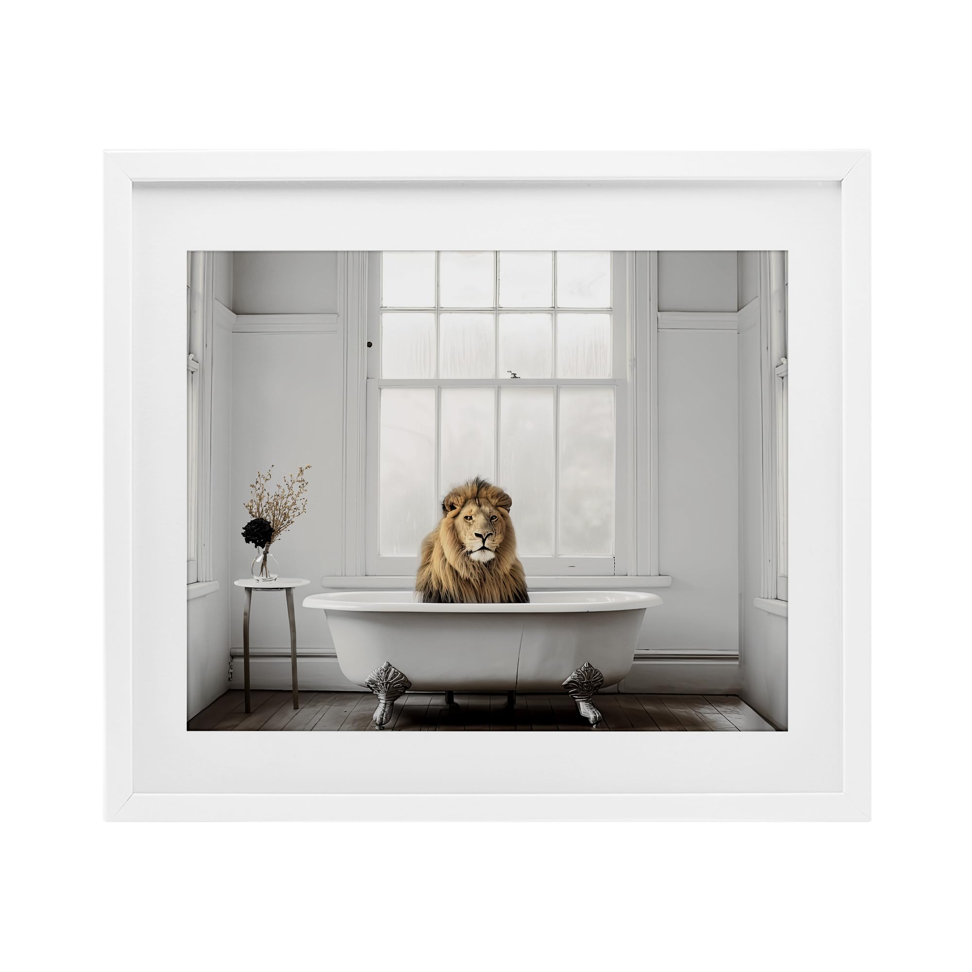 Lion au bain cadre minimaliste sous verre pour mur blanc terne