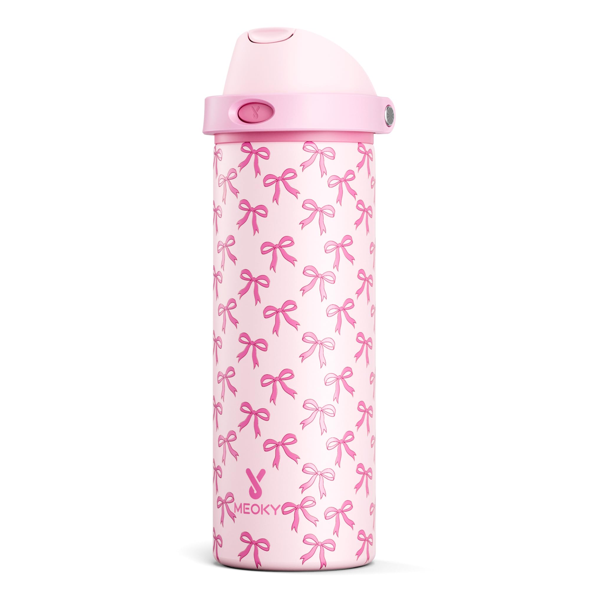 24 oz Insulated Water Bottle for Women: Meoky Stainless Steel Metal Water Bottle with 2-in-1 Straw and Spout Lid - Leak Proof, Cold for 24 Hours, Protective Silicone Base, BPA-Free for School, Bow