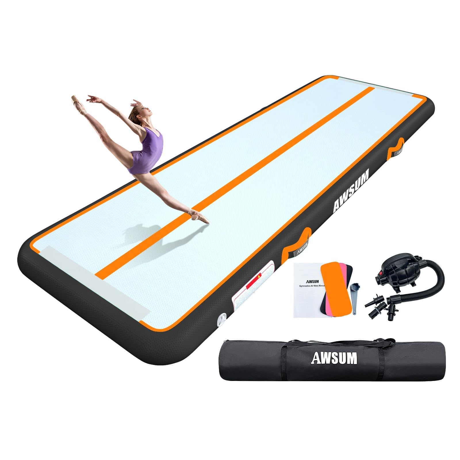 AWSUM Tappetino da Ginnastica Gonfiabile, 2/3/4/5/6m Air Tumbling Track Ginnastica Artistica 10/20 cm, Air Materassino da Fitness Yoga Taekwondo per Casa, Campeggio