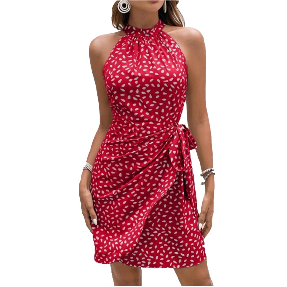 Spevert Women's Summer Mini Dress Sleeveless Halte Casual Dresses Boho Floral Beach Mini Dresses with Belt