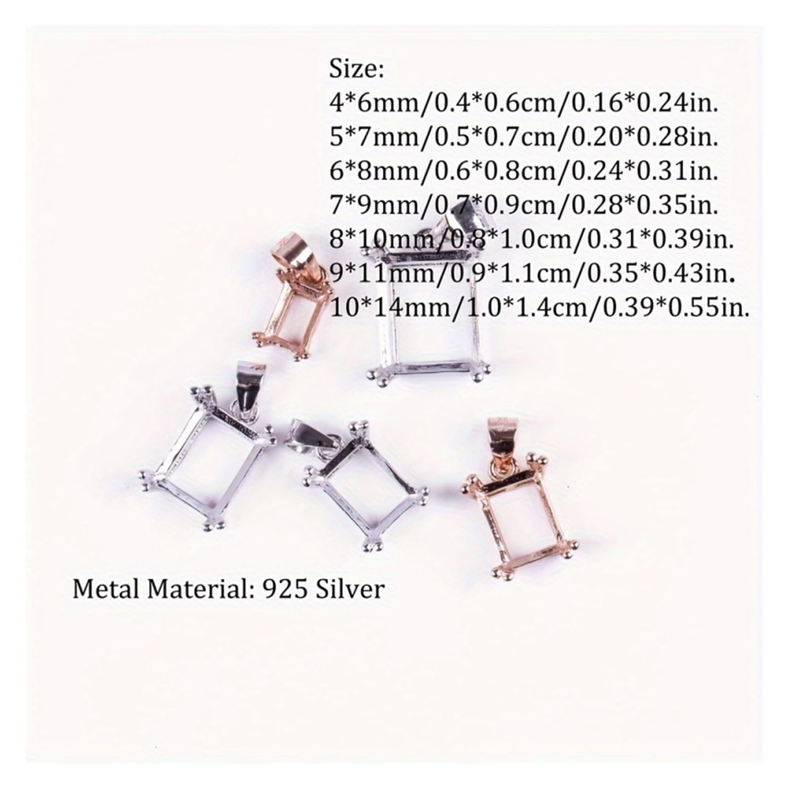 1 pieza de configuración de colgante de punta rectangular, bisel de encanto de plata 925 sólida de oro rosa plateado Simple for piedras preciosas