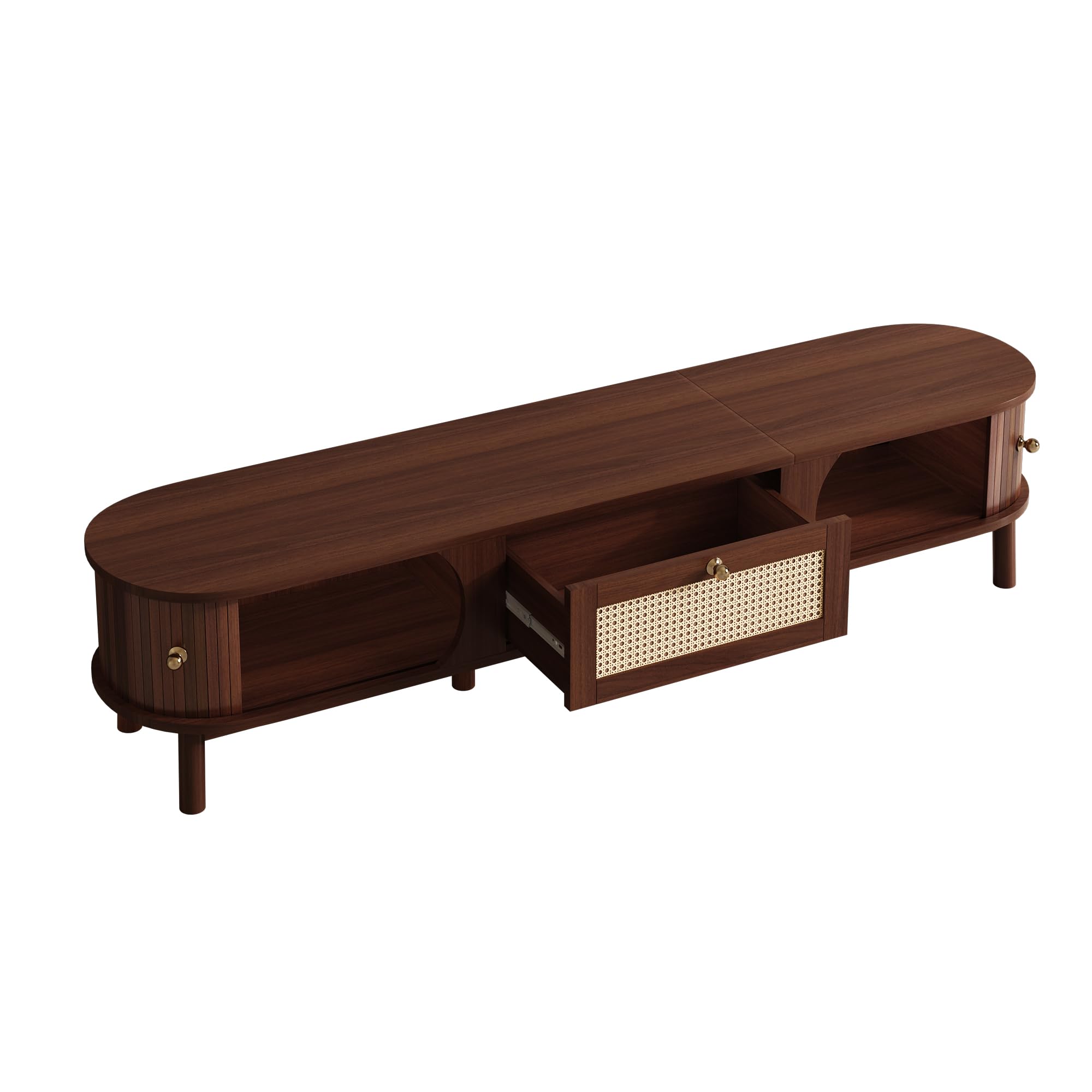 Meuble TV 140 cm avec Portes en Bois Massif Bambou et Tiroirs en Rotin Meuble Télé Stand pour Salon Rustique Moderne, Banc TV