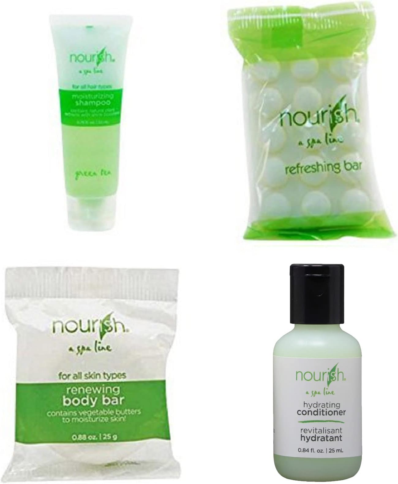 Nourish Spa Line Green Tea BNB Amenity Bath & Body Sets - Soap, Shampoo, Conditioner (30 SET - 120 Pieces Total)