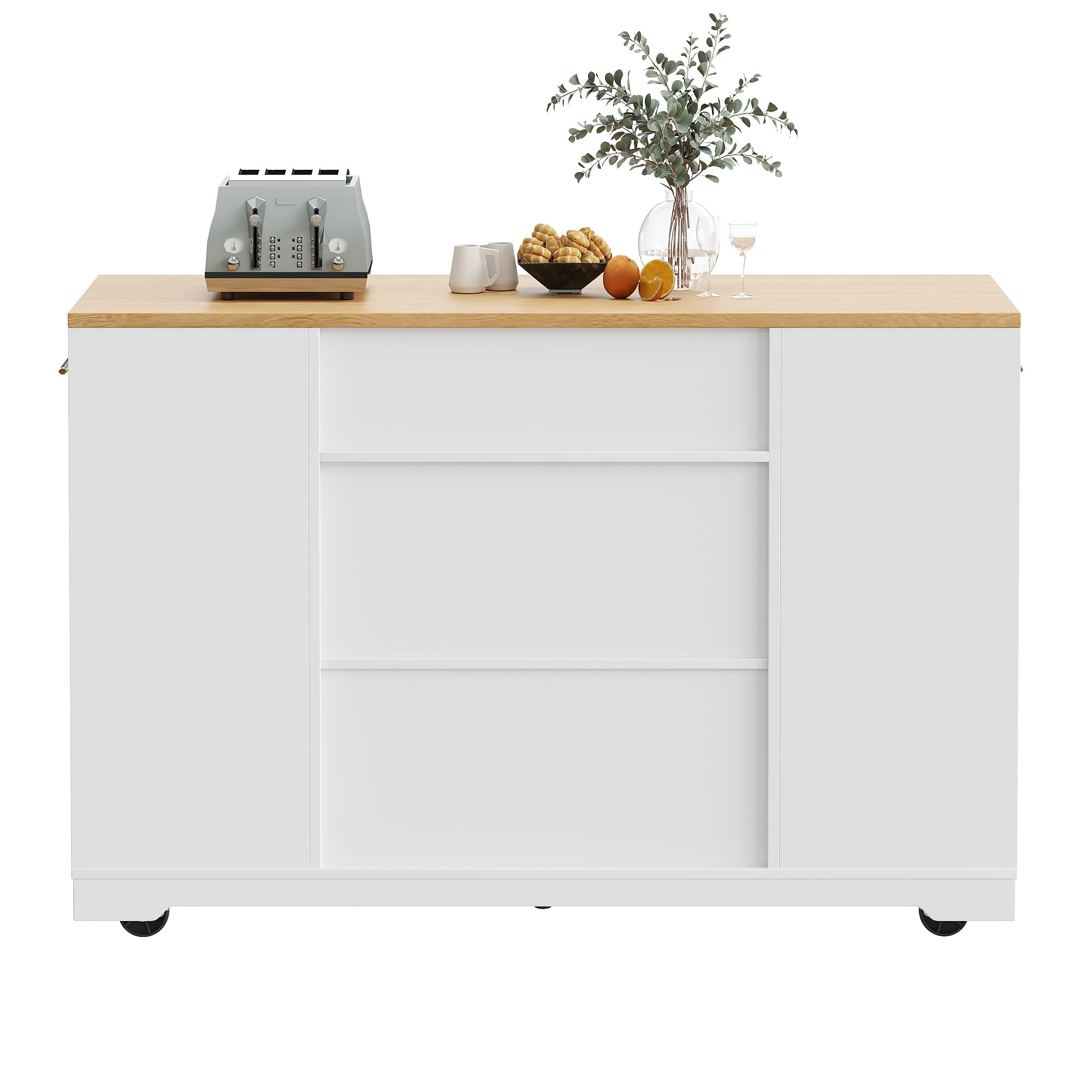 Moimhear Mobile Kücheninsel, Küchenschrank, 120x50x92cm, Servierwagen, Küchenwagen mit Rollen, mit Abfallbehälterfach, Zwei Türen und DREI Schublade (Weiß+Holz)