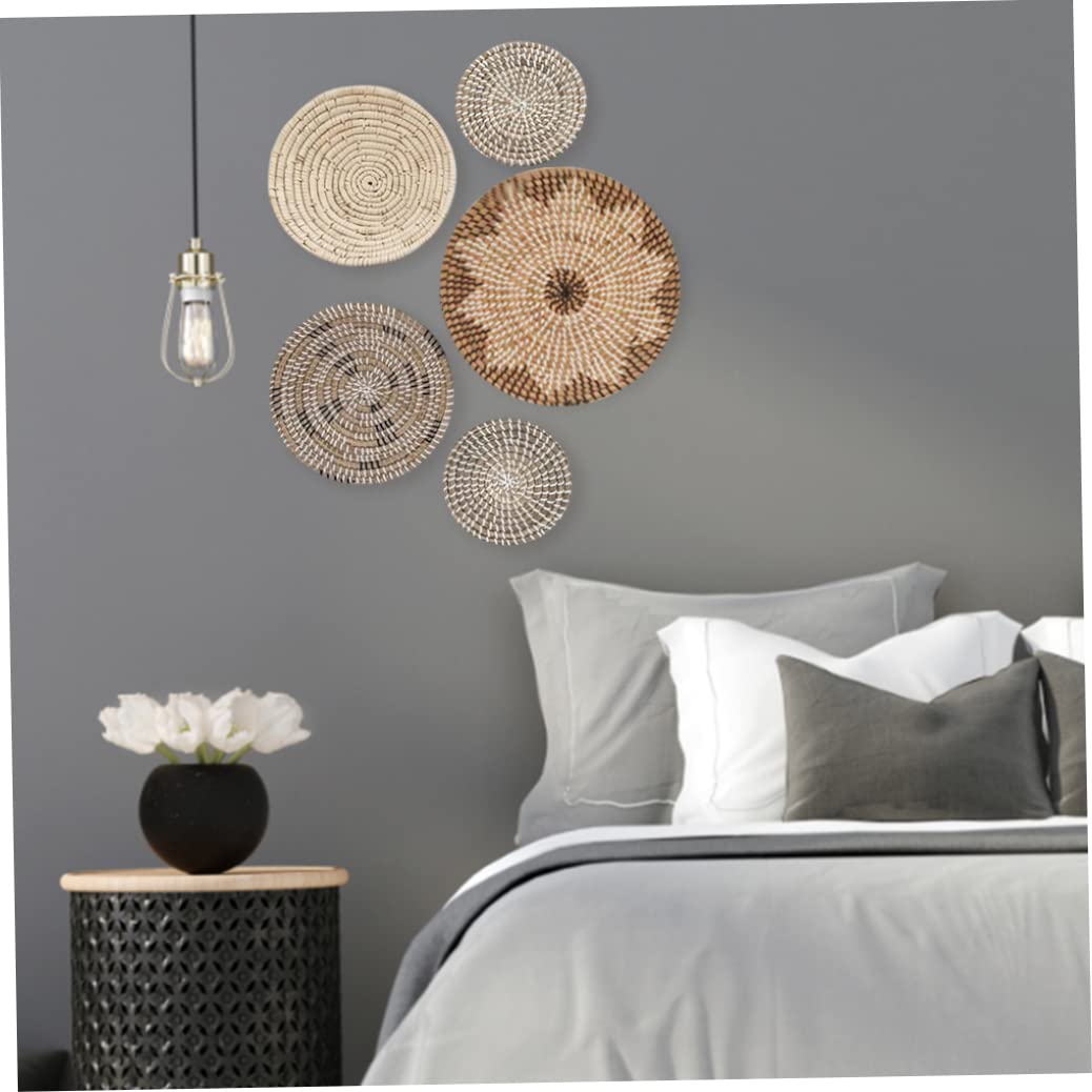 Decoración de pared tejida, juego de canasta de pared tejida de 5 de diferentes tamaños colgantes decoración de cesta tejida redondo de canasta de pasos de mar plano arte de pared para decoraciones d