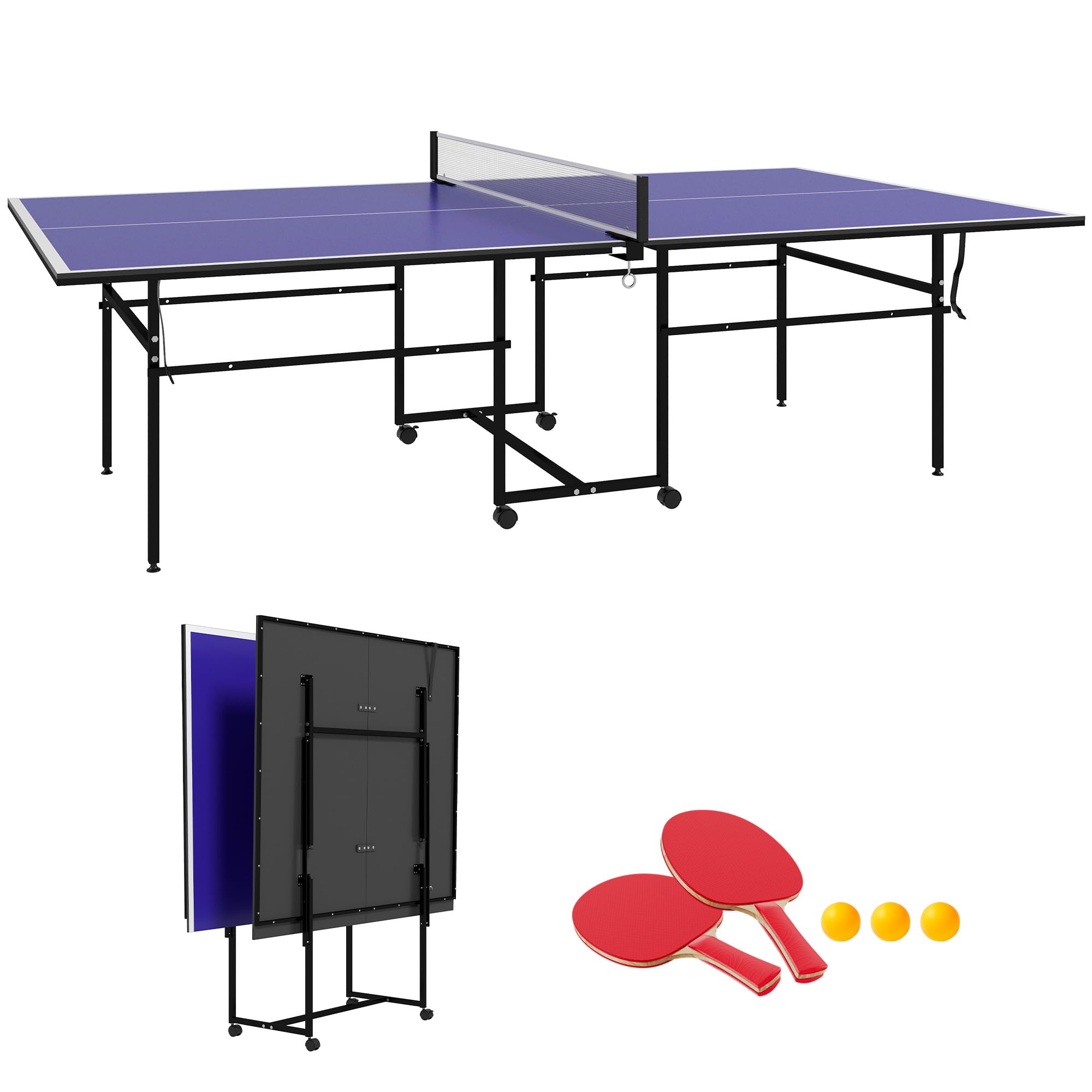 SPORTNOW Mesa de Ping-Pong Profesional Plegable Mesa de Tenis de Mesa con 4 Ruedas, Red, 2 Palas y 3 Pelotas para Interior y Exterior 274x152,5x75,5 cm Azul