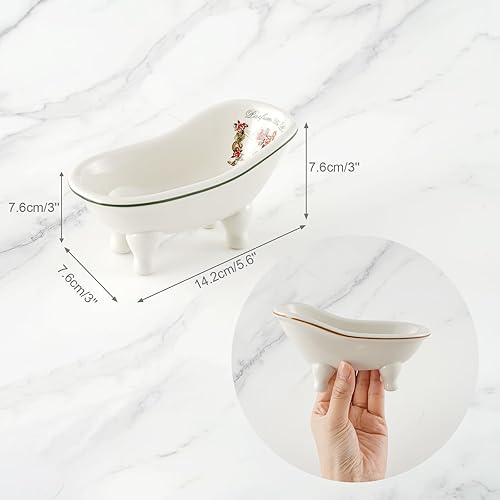 Miniatura 3 de Jabonera de baño de cerámica retro para ducha, 2 piezas, mini bañera de porcelana de 5.6 pulgadas, soporte de jabón autodrenante para decoración del
