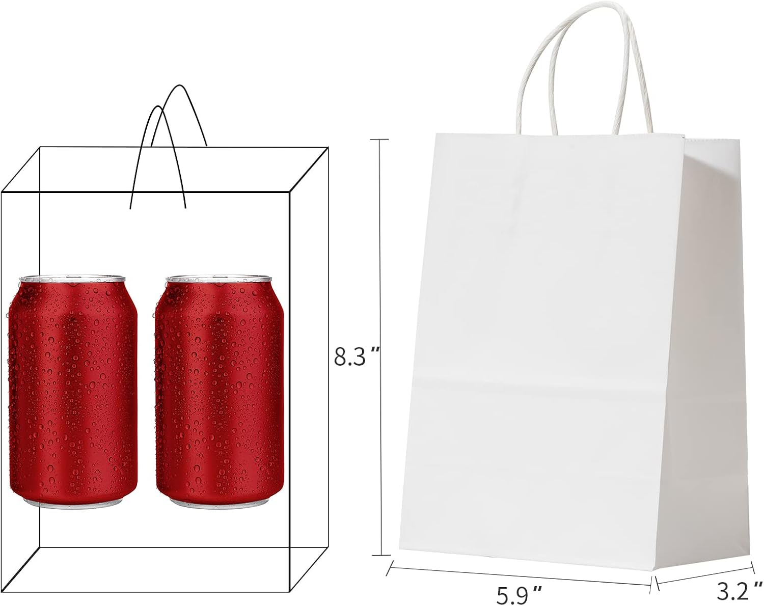 RACETOP Small White Gift Bags with Handles Bulk, 5.9"x3.2"x8.3" 50Pcs, Small White Paper Bags with Handles Bulk, Mini Gift Bags, Gift Bags Bulk, Party Bags, Shopping Bags, Merchandise Bags