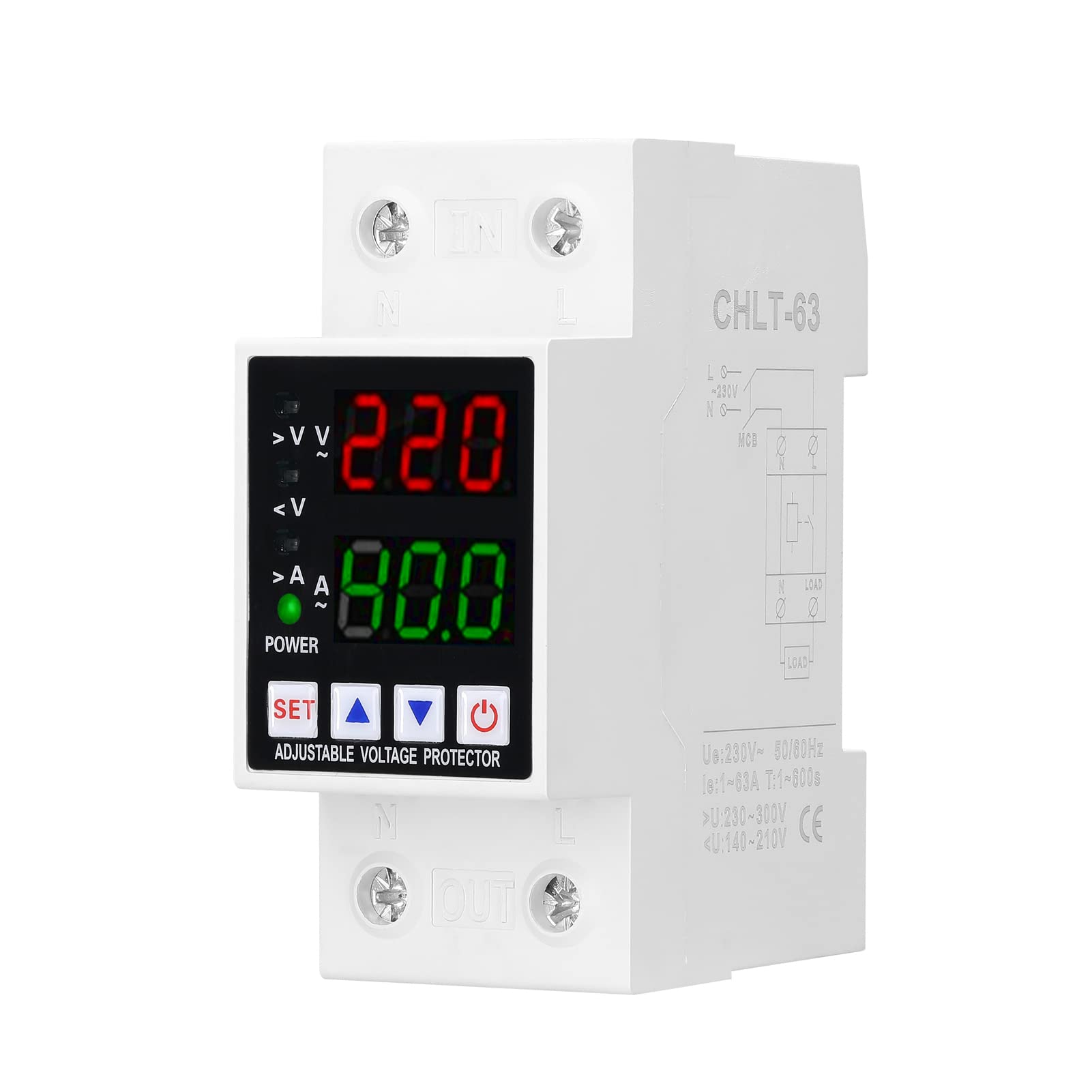 OUNAVoltage Protector, Dual Display Adjustable Voltage Protector Intelligent Over-voltage Under-voltage Over-current Protect Device Home Relay Self-resetting Voltage Protector
