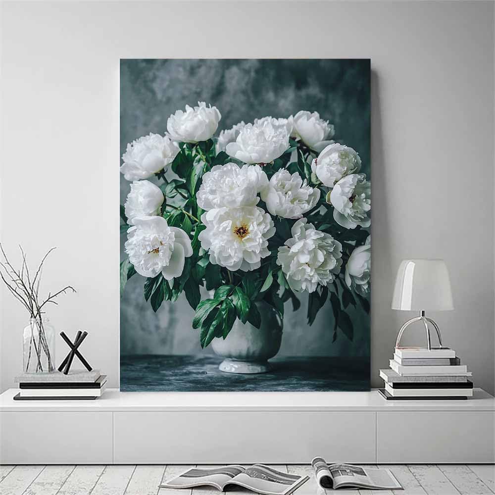 WUFIEA Semplice arte botanica Stampe su Canvas Peonie bianche per Camera da Letto Agriturismo Soggiorno Bagno(bianco)-60x90cm Incorniciato
