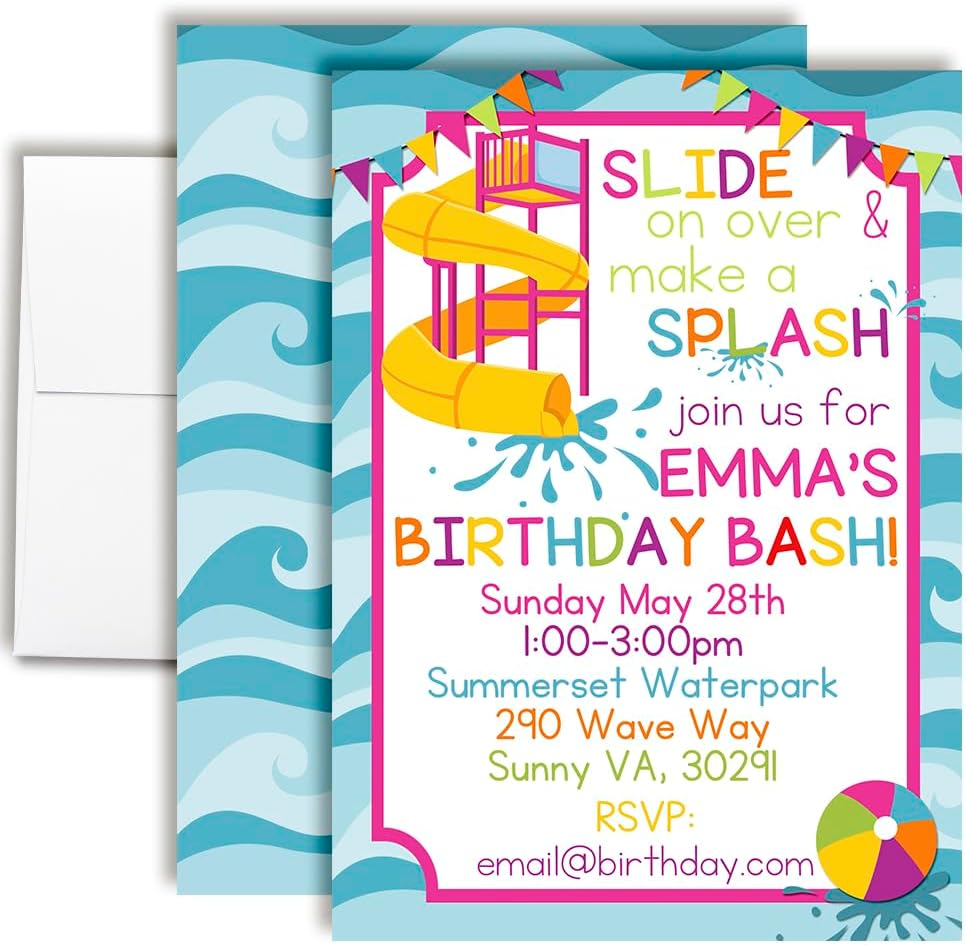 Custom Birthday Invitations Waterslide Girls Party Invitations 20 5x7 Custom Girl Waterslide Summer Fun Birthday Invitation Cards With Envelopes - Unique Summer Party Invites