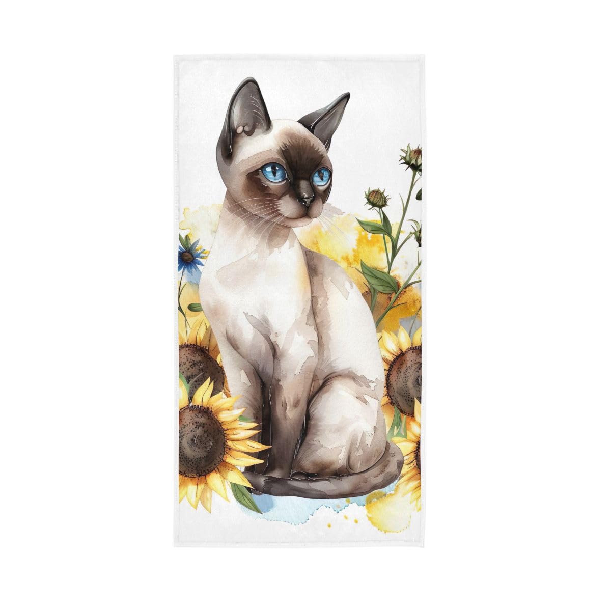LSRCPD Sunflower and Blue Eye Cat Hand Towel, Multipurpose Shower Towels for Bathroom, Gym, Hotel, Spa 15 x 30 Inches