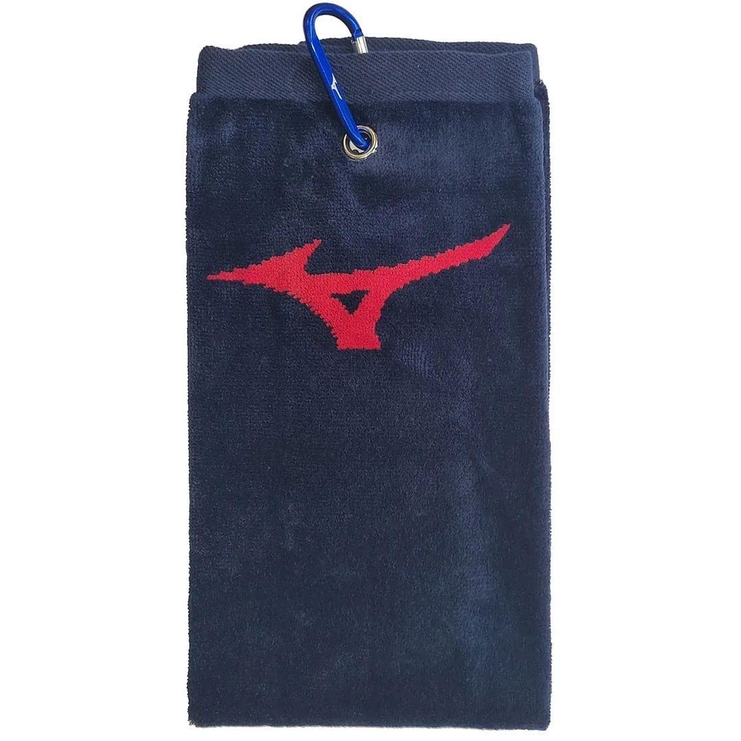 Mizuno Golf RB - Asciugamano da golf in cotone tri-Fold con moschettone, 40,6 x 61 cm, colore: blu navy/rosso