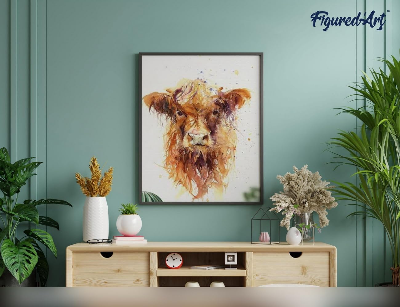 Figured'Art Paint by Numbers Kit for Adults Yellow Cow 16"x20" - Craft Art Painting Rolled Canvas with DIY Wooden Frame