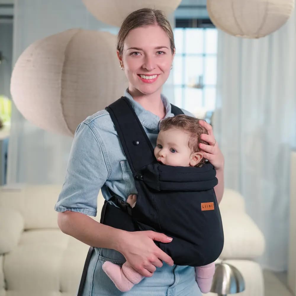 LIINI® Babytrage aus Baumwolle (Schwarz) – ab Geburt (3,5 kg) bis 15 kg, verstellbare Träger, Kopfstütze, Klickverschluss, ergonomisch & bequem – CE EN71-3 & SGS EN13209-2
