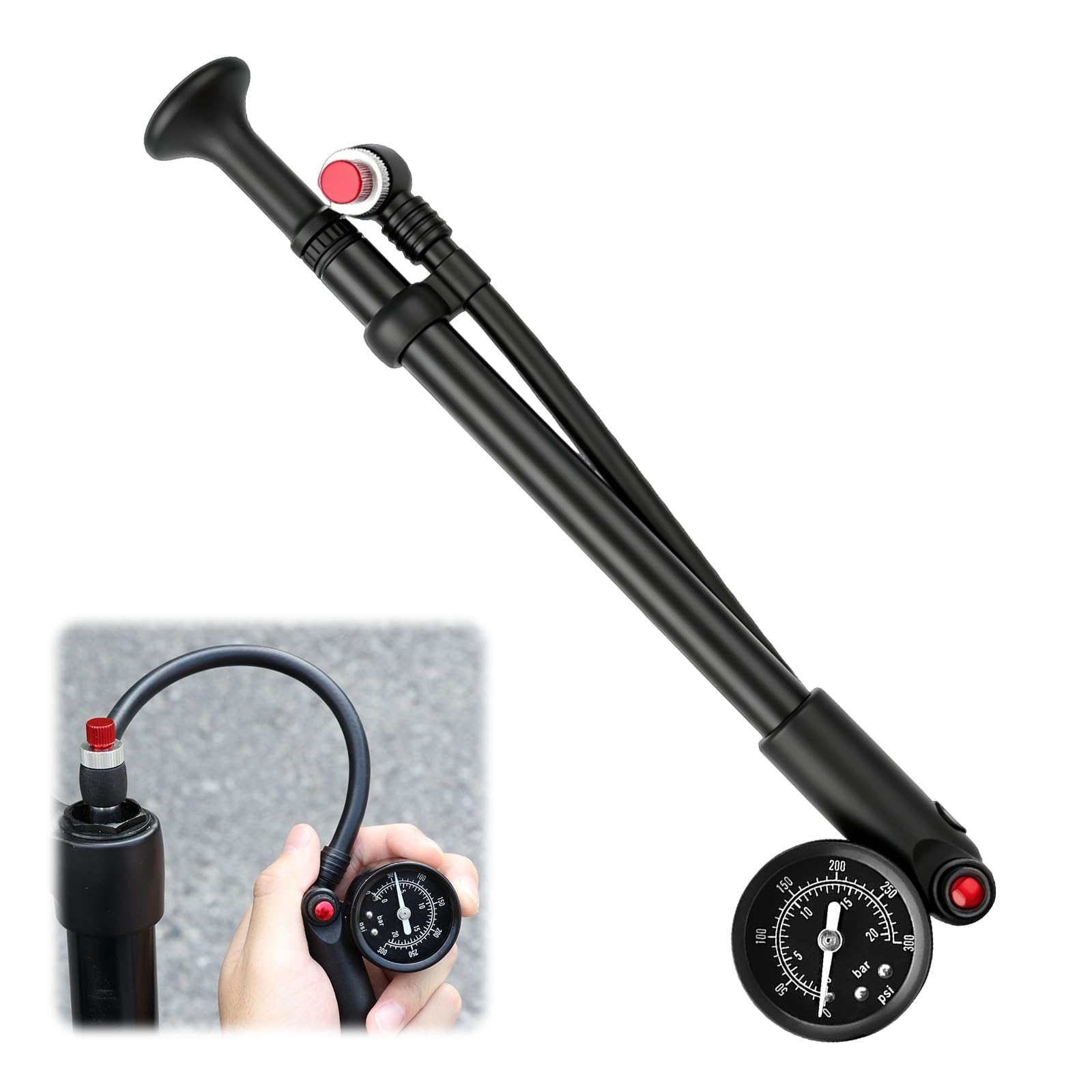 Federgabel Dämpferpumpe, Hochdruck Stoßpumpe, Hochdruck Dämpferpumpe Fahrrad 300 PSI, Luftgabel-Stoßdämpfer, Federgabelpumpe mit Manometer & Entlüftung, Bike Pump für MTB/Rennrad Gabel & Stoßdämpfer
