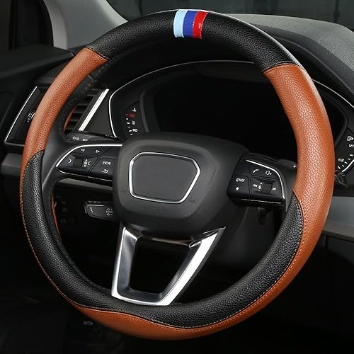 Miniatura 2 de Funda universal para volante de automóvil BMW, de cuero, con forro antideslizante de 14.5 a 15 pulgadas (marrón)