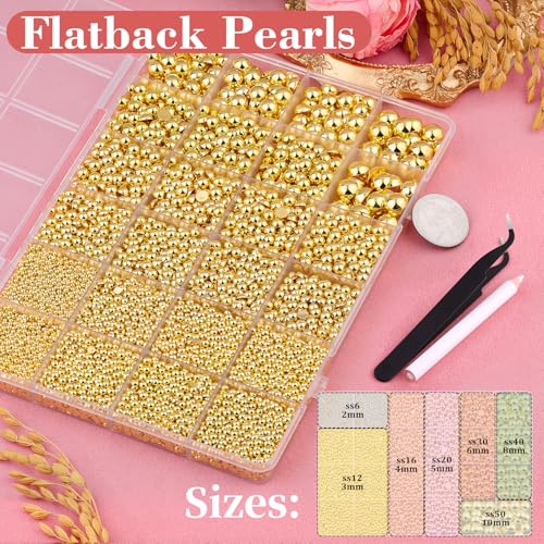 Image of 13000Pcs Flatback Pearls for Crafting (Gold), Assorted Size 2 /3 /4 /5 /6 /8 /10mm Non Hotfix Half Pearl, Bedazzling Bead for DIY Crafts Clothing Tumblers Mugs Shoes Fabric Embellishment Nail Art Makeup