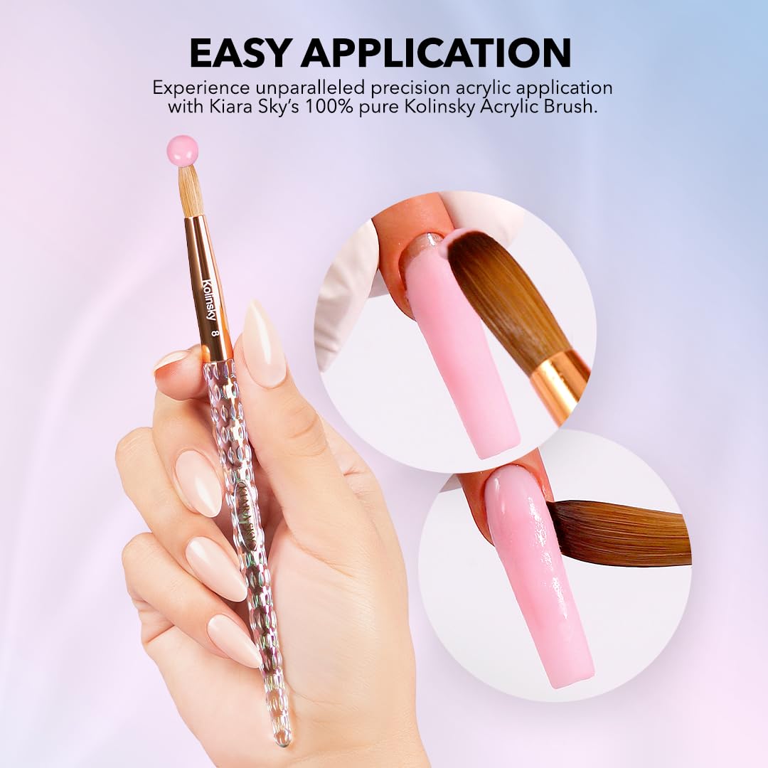 Kiara Sky Kolinsky Acrylic Nail Brush #8 – Pure Kolinsky Sable Hair, Iridescent Crystal Handle, Acetone Resistant, for Acrylic Application, Extensions & 3D Nail Art
