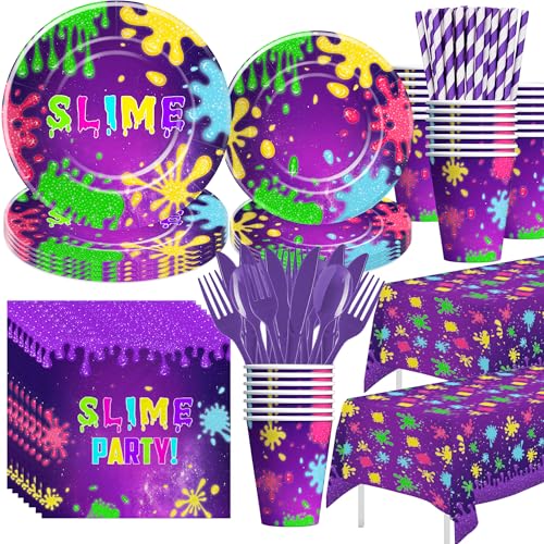 Suhelkit Slime Birthday Party Decorations Tableware Purple Glitter Splatter Splash Colorful Theme Slime Party Supplies Plate Cup Napkin Tablecloth Cutlery Serves 24