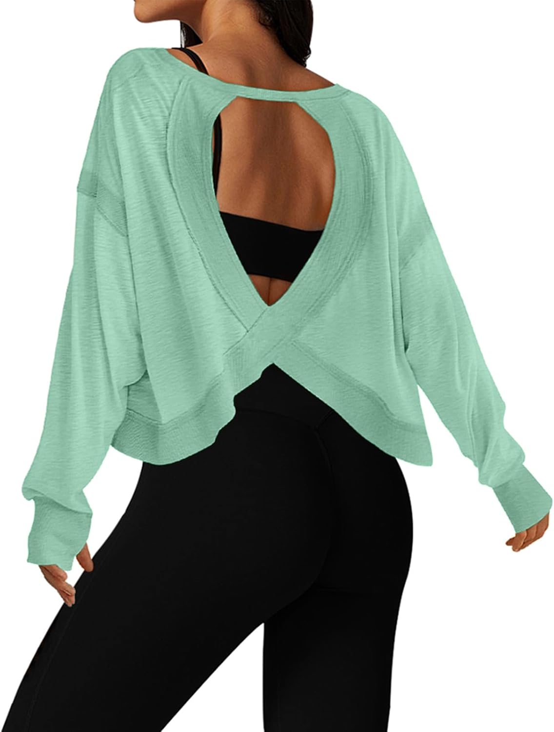 UNIANKIYA Open Back Workout Tops for Women Long Sleeve Cropped Athletic Clothes Gym Running Yoga Low Impact Sports T Shirts Small Pea Green