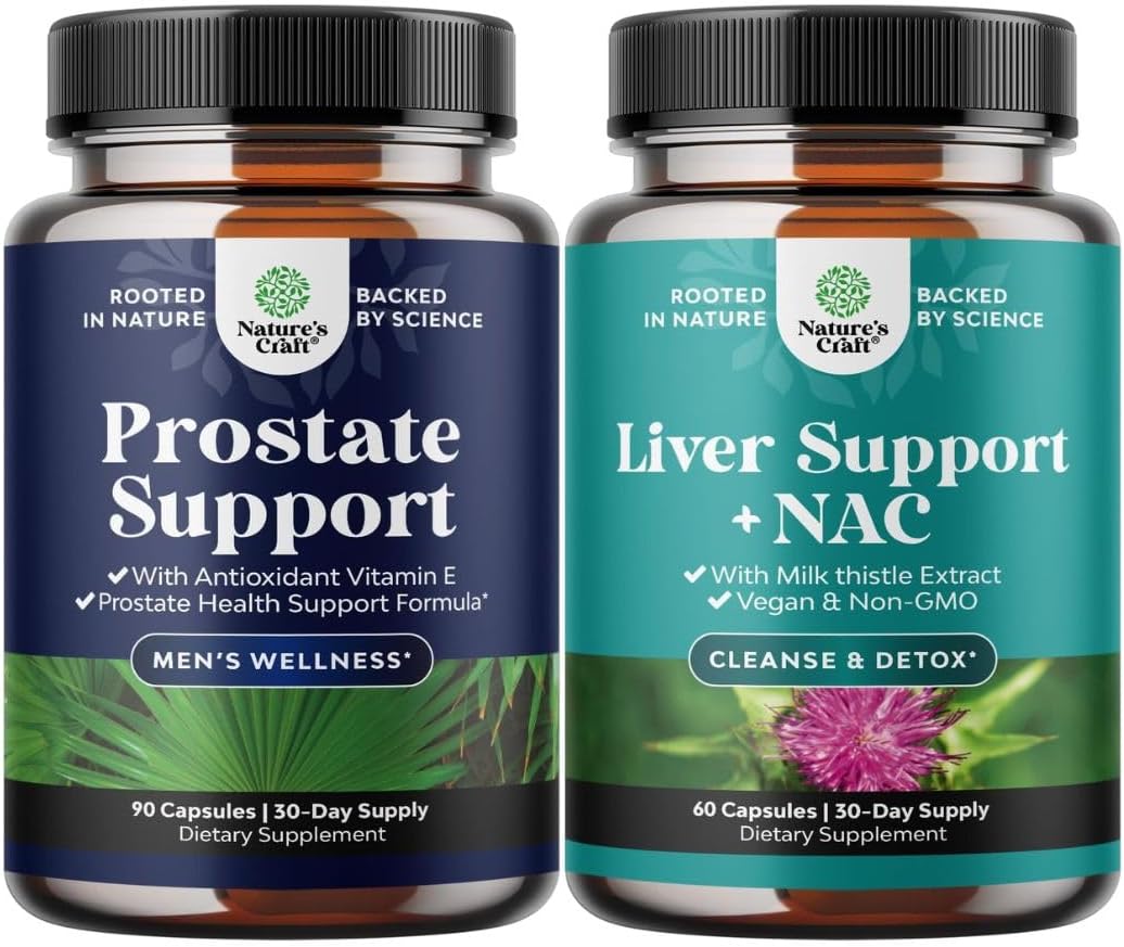 Bundle of Herbal Prostate Supplement for Men - Potent Pygeum Saw Palmetto Extract Beta Sitosterol & Green Tea and Liver Support NAC Supplement with Milk Thistle for Liver Cleanse Detox & Repair