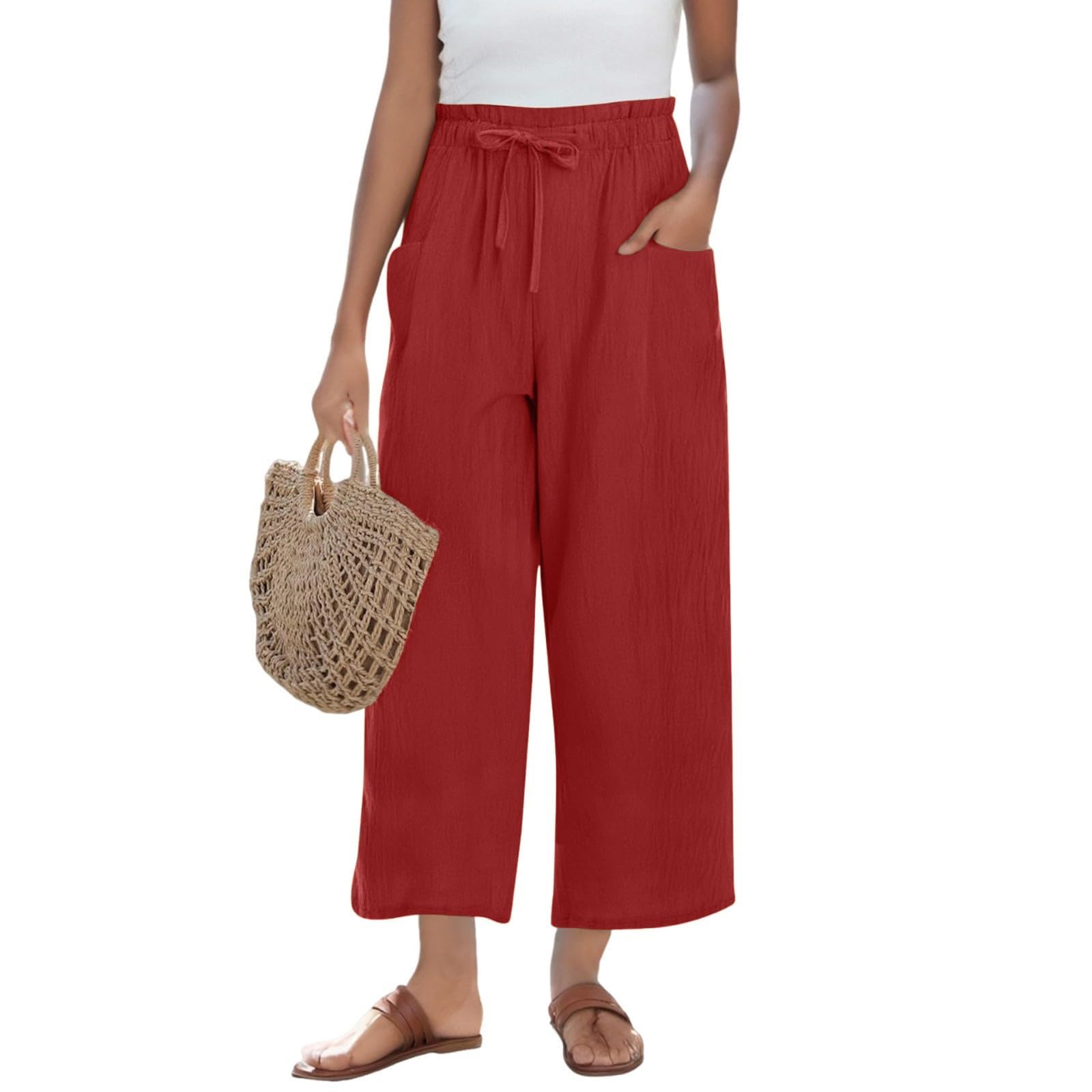 GOKKILRW Linen Pants Women Wide Leg Loose Fit Summer Work Capri Pant Elastic Waist Flowy Palazzo Crop Trousers