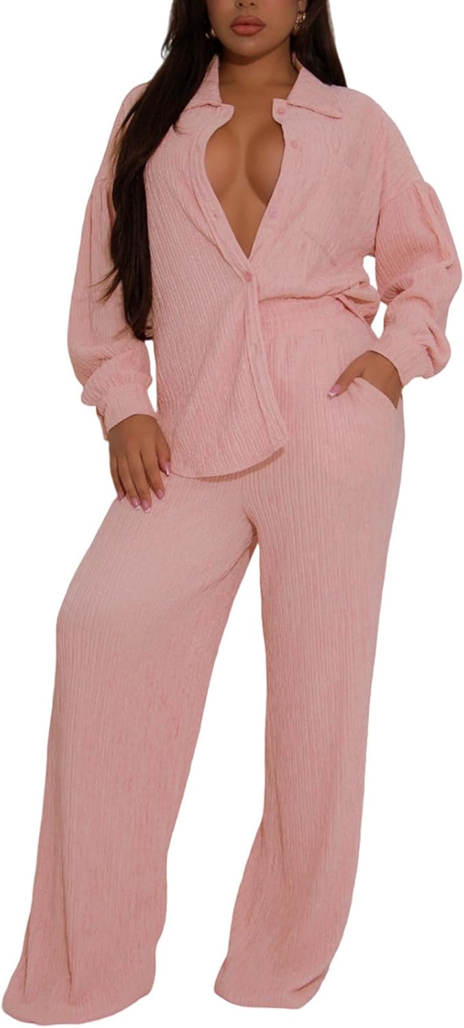 Elainone Women's 2 Piece Outfits Button-Down Shirt Long Sleeve and Flare Pleated Wide Leg Pant Sets With Pocket